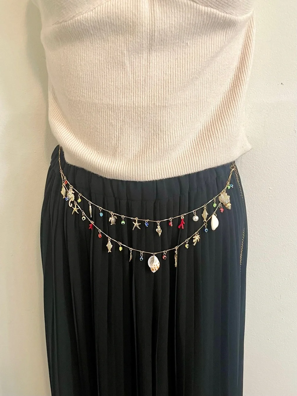 Boho Beachy Conch Seahorse Starfish Turtle Evil Eye Double Layered Waist Chain